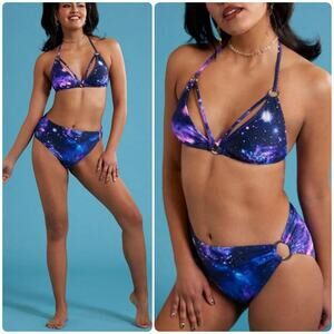 COSMIC AURA Galaxy O-Ring Bikini Goth Punk Festival Halter Top Bottoms Set M/L